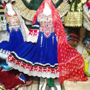 Blue velvet Afghani frock with intricate hand embroidery and traditional mirror work