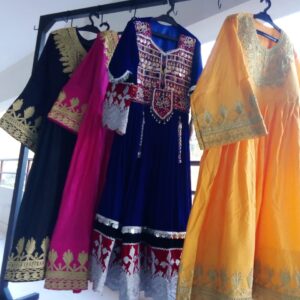 Afghani frock with princess design, velvet fabric, and traditional embroidery