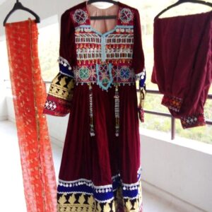 alt="Gorgeous Afghani frock made in velvet with traditional embroidery for ethnic wear"