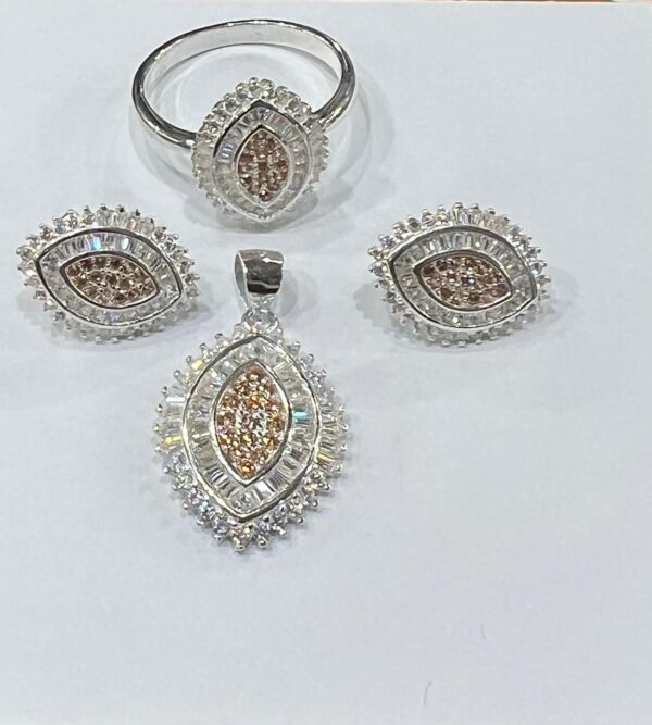 Detailed view of Italian-made rhodium plated jewelry showing precise stone setting and brilliant reflective surface